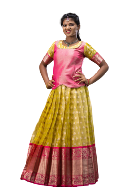 Shivangi Girls Yellow Tissue Rain Drop Pattu Pavadai 1