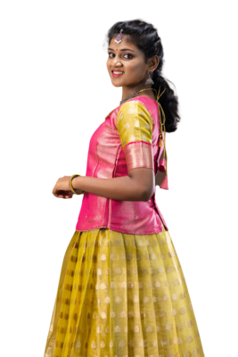 Shivangi Girls Yellow Tissue Rain Drop Pattu Pavadai 2