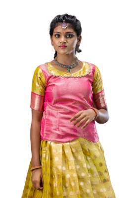 Shivangi Girls Yellow Tissue Rain Drop Pattu Pavadai 3