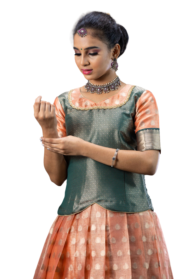 Shivangi Girls Pink Tissue Rain Drop Pattu Pavadai