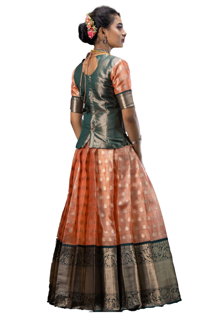 Shivangi Girls Pink Tissue Rain Drop Pattu Pavadai