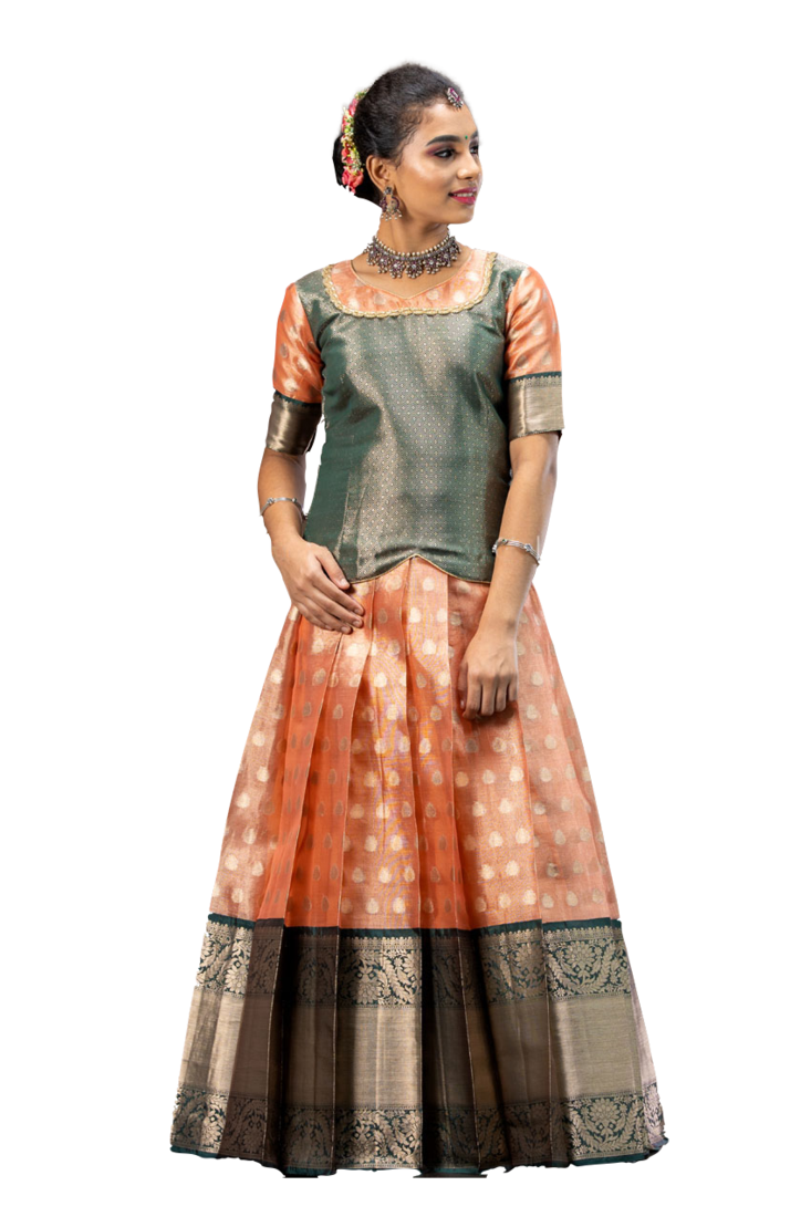 Shivangi Girls Pink Tissue Rain Drop Pattu Pavadai