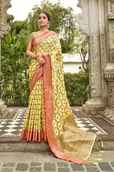 Yellow woven silk saree with blouse