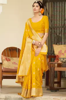 Yellow woven banarasi silk saree with blouse