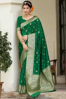 Green woven banarasi silk saree with blouse
