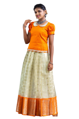 Shivangi Girls Orange Silver Cloud Pattu Pavadai 1