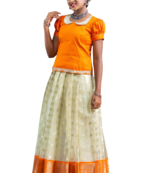 Shivangi Girls Orange Silver Cloud Pattu Pavadai