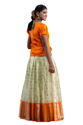 Shivangi Girls Orange Silver Cloud Pattu Pavadai 2