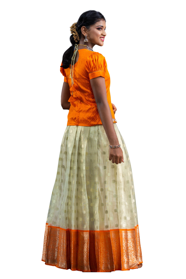 Shivangi Girls Orange Silver Cloud Pattu Pavadai
