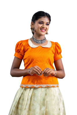Shivangi Girls Orange Silver Cloud Pattu Pavadai 3