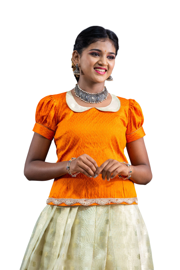 Shivangi Girls Orange Silver Cloud Pattu Pavadai