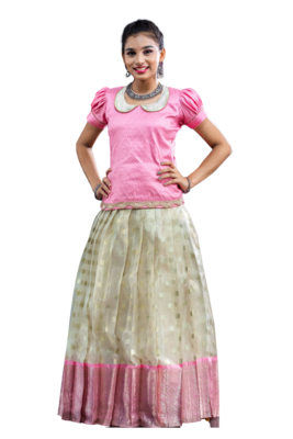 Shivangi Girls Pink Silver Cloud Pattu Pavadai 1