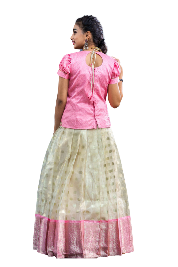 Shivangi Girls Pink Silver Cloud Pattu Pavadai