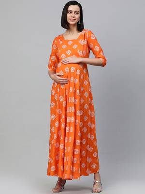 Orange printed rayon maxi-dresses 1