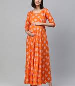 Orange printed rayon maxi-dresses