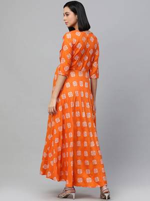 Orange printed rayon maxi-dresses 2
