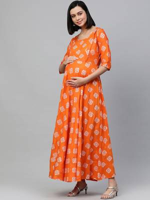 Orange printed rayon maxi-dresses 3