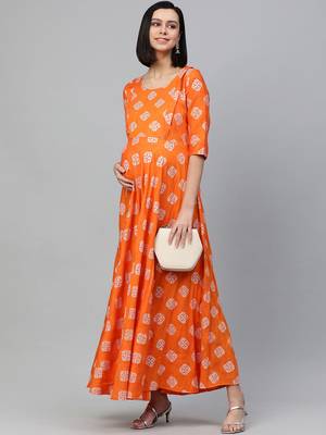 Orange printed rayon maxi-dresses 4