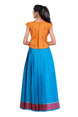 Shivangi Girls Blue Pure Cotton Plain Border Pavadai Set 2