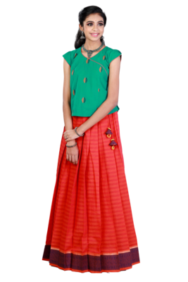 Shivangi Girls Red Pure Cotton Plain Border Pavadai Set 1