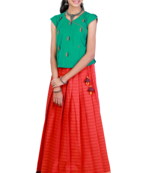 Shivangi Girls Red Pure Cotton Plain Border Pavadai Set