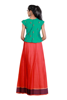 Shivangi Girls Red Pure Cotton Plain Border Pavadai Set 3