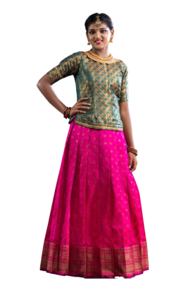Shivangi Girls Pink Banarasi Butta Pattu Pavadai | Lehenga 1
