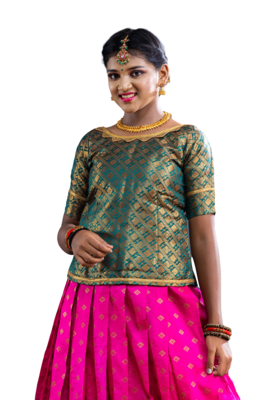 Shivangi Girls Pink Banarasi Butta Pattu Pavadai | Lehenga 3