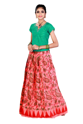 Girls Peach Printed Mango Creeper Cotton Pavadai 1