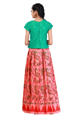 Girls Peach Printed Mango Creeper Cotton Pavadai 2