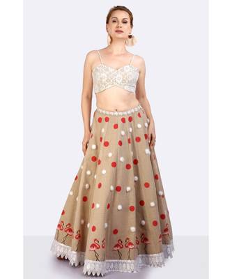 Jute Lehenga With Hand Block Printed Polka Dots & Flamingoes & Furr  Balls 1