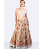 Jute Lehenga With Hand Block Printed Polka Dots & Flamingoes & Furr  Balls