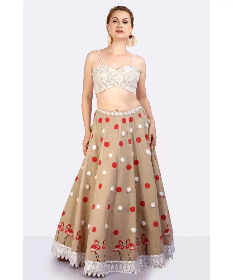JUTE LEHENGA WITH HAND-BLOCK PRINTED POLKA DOTS & FLAMINGOES & FURR  BALLS