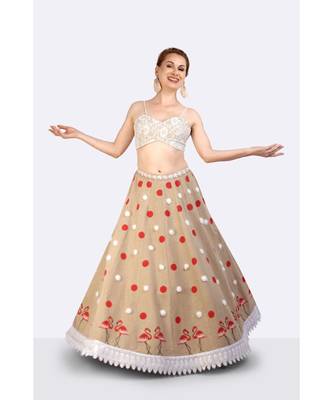 Jute Lehenga With Hand Block Printed Polka Dots & Flamingoes & Furr  Balls 2