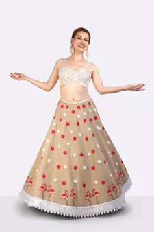 Jute Lehenga With Hand Block Printed Polka Dots & Flamingoes & Furr  Balls
