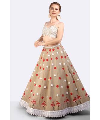 Jute Lehenga With Hand Block Printed Polka Dots & Flamingoes & Furr  Balls 3