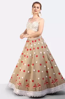 Jute Lehenga With Hand Block Printed Polka Dots & Flamingoes & Furr  Balls