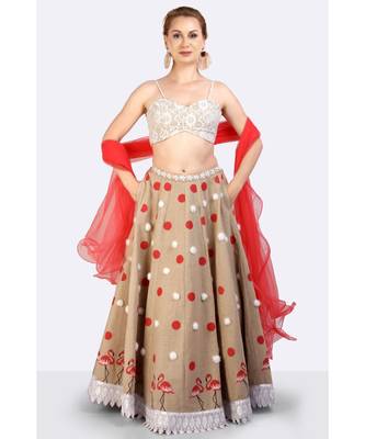 Jute Lehenga With Hand Block Printed Polka Dots & Flamingoes & Furr  Balls 4