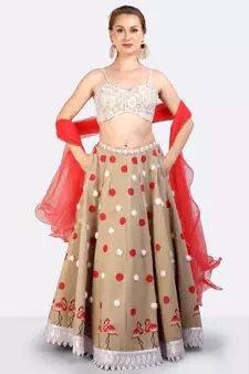 Jute Lehenga With Hand Block Printed Polka Dots & Flamingoes & Furr  Balls
