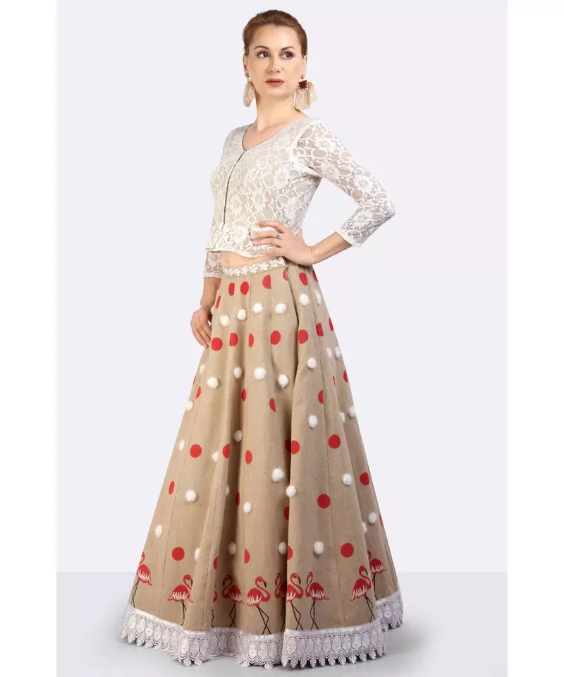 JUTE LEHENGA WITH HAND-BLOCK PRINTED POLKA DOTS & FLAMINGOES & FURR BALLS