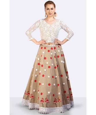 Jute Lehenga With Hand Block Printed Polka Dots & Flamingoes & Furr Balls 2