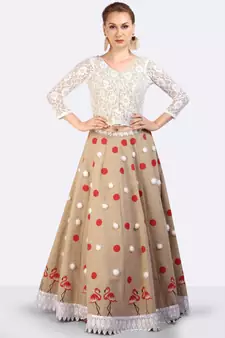 Jute Lehenga With Hand Block Printed Polka Dots & Flamingoes & Furr Balls