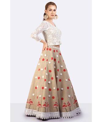 Jute Lehenga With Hand Block Printed Polka Dots & Flamingoes & Furr Balls 3
