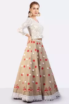 Jute Lehenga With Hand Block Printed Polka Dots & Flamingoes & Furr Balls