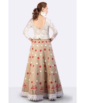 Jute Lehenga With Hand Block Printed Polka Dots & Flamingoes & Furr Balls 4