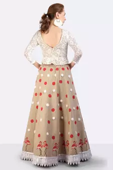 Jute Lehenga With Hand Block Printed Polka Dots & Flamingoes & Furr Balls