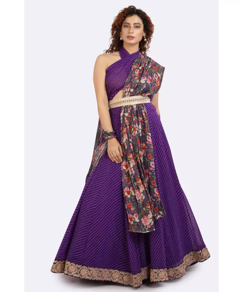 PURPLE LEHERIYA LEHENGA WITH GOLD BORDER ON EDGES, FLORAL DUPATTA