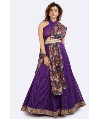 Purple Leheriya Lehenga With Gold Border On Edges, Floral Dupatta 2