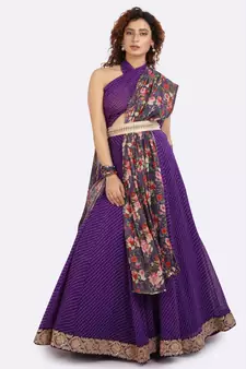 Purple Leheriya Lehenga With Gold Border On Edges, Floral Dupatta