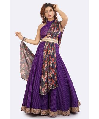 Purple Leheriya Lehenga With Gold Border On Edges, Floral Dupatta 3